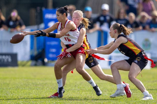 Hard defense from Germany against Austria, U17, U 17 Girls Germany vs Austria IFAF European Youth Championships 2026, 24.09.2026 Lido Delle Nazioni Lido Delle Nazioni Italia Copyright: xPFA BjörnxKeckerx