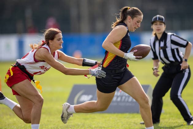 Germany runs with the ball and is tackled by Austria, U17, U 17 Girls Germany vs Austria IFAF European Youth Championships 2026, 24.09.2026 Lido Delle Nazioni Lido Delle Nazioni Italia Copyright: xPFA BjörnxKeckerx