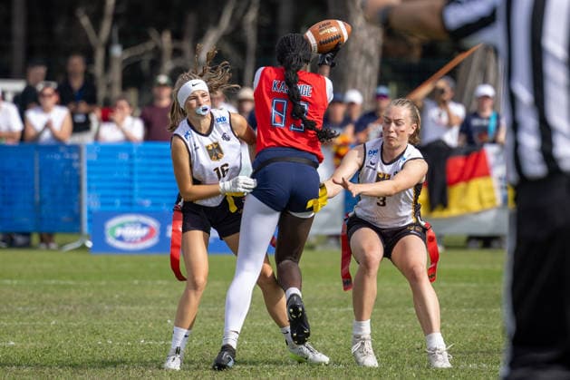 GREAT BRITAIN PLAYER runs with the ball and is tackled by German Player, U17, U 17 Girls Germany vs Great Britain IFAF European Youth Championships, 2026, 24.09.2026 Lido Delle Nazioni Lido Delle Nazioni Italia Copyright: xPFA BjörnxKeckerx