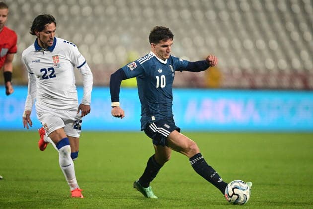 UEFA Nations League - Serbia vs Greece - Christos Tzolis of Greece in action during the UEFA Nations League group A2 matchday 1 soccer match between Serbia and Greece held at Stadion Rajko MitiÄ‡ in Belgrade, Serbia, 25 September 2026. IMAGO ONE INCH PRODUCTIONS BELGRADE SERBIA Copyright: xONExINCHxPRODUCTIONSx 7097563