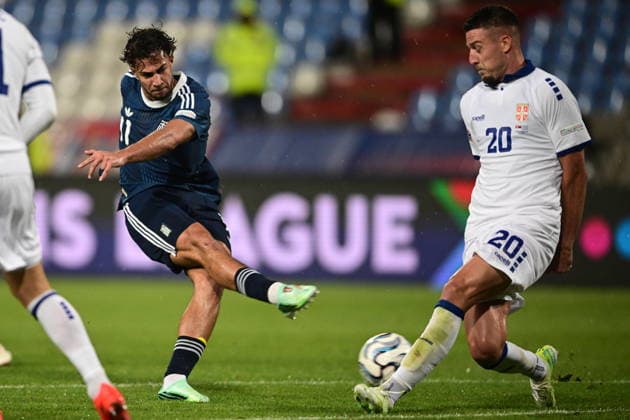 UEFA Nations League - Serbia vs Greece - Charalampos Kostoulas of Greece in action against Sergej MilinkoviÄ‡-SaviÄ‡ of Serbia during the UEFA Nations League group A2 matchday 1 soccer match between Serbia and Greece held at Stadion Rajko MitiÄ‡ in Belgrade, Serbia, 25 September 2026. IMAGO ONE INCH PRODUCTIONS BELGRADE SERBIA Copyright: xONExINCHxPRODUCTIONSx 7097524