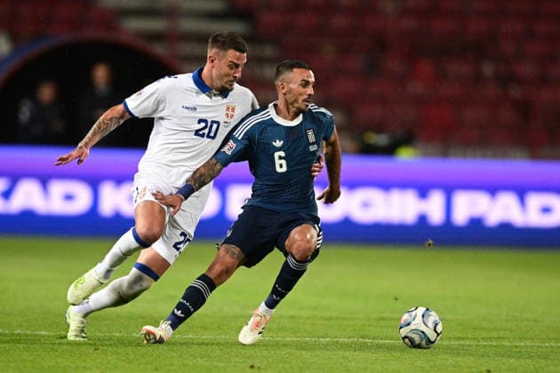 UEFA Nations League - Serbia vs Greece - Dimitris Kourbelis of Greece in action against Sergej MilinkoviÄ‡-SaviÄ‡ of Serbia during the UEFA Nations League group A2 matchday 1 soccer match between Serbia and Greece held at Stadion Rajko MitiÄ‡ in Belgrade, Serbia, 25 September 2026. IMAGO ONE INCH PRODUCTIONS BELGRADE SERBIA Copyright: xONExINCHxPRODUCTIONSx 7097412