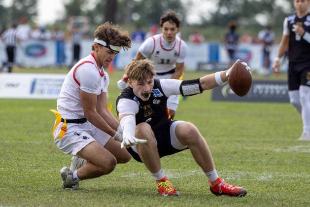 GERMAN PLAYER runs with the ball and is tackled by spanish player, U17, U 17 Boys Germany vs Spain IFAF European Youth Championships 2026, 24.09.2026 Lido Delle Nazioni Lido Delle Nazioni Italia Copyright: xPFA BjörnxKeckerx