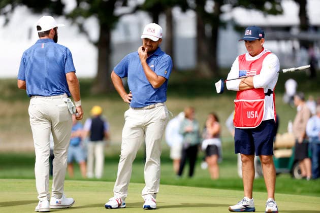 MEDINAH, IL - SEPTEMBER 24: Cameron Young of the United States and Xander Schauffele of the United States on the No. 5 green during the opening four ball session of the Presidents Cup, September 24, 2026, at Medinah Country Club in Medinah, Illinois. (Photo by Matthew Maxey Icon Sportswire) GOLF: SEP 24 Presidents Cup EDITORIAL USE ONLY Icon260924014