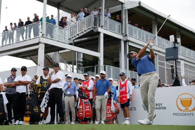 MEDINAH, IL - SEPTEMBER 24: Cameron Young of the United States hits his tee shot on No. 16 during the opening four ball session of the Presidents Cup, September 24, 2026, at Medinah Country Club in Medinah, Illinois. (Photo by Matthew Maxey Icon Sportswire) GOLF: SEP 24 Presidents Cup EDITORIAL USE ONLY Icon260924055