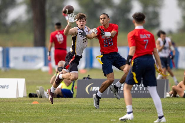 strong defense from the german player 30 against the great britian player 98, U17, U 17 Boys Germany vs Great Britain IFAF European Youth Championships 2026, 24.09.2026 Lido Delle Nazioni Lido Delle Nazioni Italia Copyright: xPFA BjörnxKeckerx