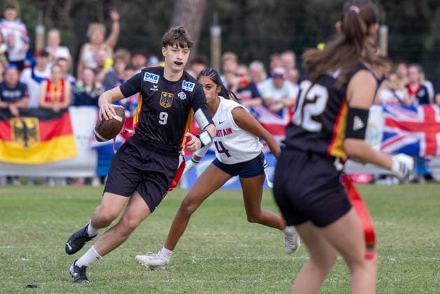 german player runs with the ball, U15 Mixed Germany vs Great Britain IFAF European Youth Championships 2026, 24.09.2026 Lido Delle Nazioni Lido Delle Nazioni Italia Copyright: xPFA BjörnxKeckerx