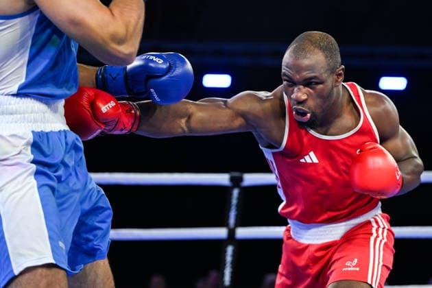 2026 European Boxing Elite Championship Sofia SOFIA, BULGARIA - SEPTEMBER 24: Junior Tadah (Red) of France and Dmitrii Karmanov (Blue) of Russia during the Elite Men s 85kg Final match at the 2026 European Boxing Elite Championships at the Asics Arena Sports Hall in Sofia, Bulgaria, on September 24, 2026. Sofia Bulgaria  Copyright: xArturxWidakx originalFilename:widak-2026euro260924_npS48.jpg