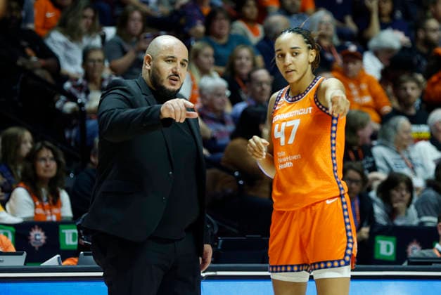 UNCASVILLE, CT - SEPTEMBER 24: Rachid Meziane of the Connecticut Sun and Leila Lacan 47 of the Connecticut Sun during the WNBA, Basketball Damen, USA game between Toronto Tempo and Connecticut Sun on September 24, 2026, at Mohegan Sun Arena in Uncasville, CT. (Photo by M. Anthony Nesmith Icon Sportswire) WNBA: SEP 24 Toronto Tempo at Connecticut Sun EDITORIAL USE ONLY Icon26092416