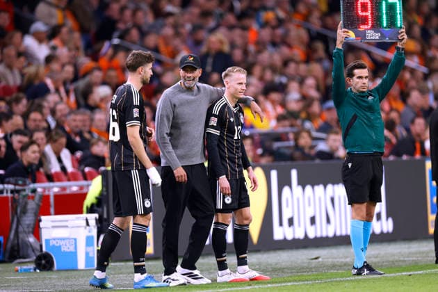 KLOPP, Juergen, head coach of Team Germany, during the substitution of FUEHRICH, Chris, and STACH, Anton, in the 2026–2027 UEFA Nations League match between the Netherlands and Germany (1–1) on September 24, 2026, in Amsterdam. DFL regulations prohibit any use of photographs as IMAGE SEQUENCES and or QUASI-VIDEO Copyright: xLacixPerenyix