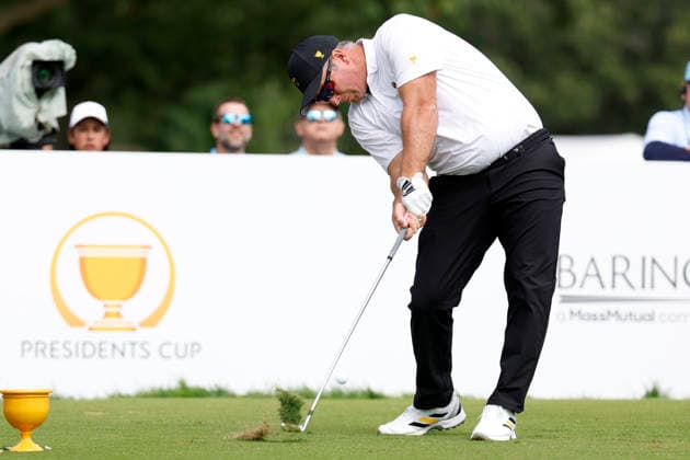 MEDINAH, IL - SEPTEMBER 24: Ryan Fox of New Zealand hits his tee shot on No. 7 during the opening four ball session of the Presidents Cup, September 24, 2026, at Medinah Country Club in Medinah, Illinois. (Photo by Matthew Maxey Icon Sportswire) GOLF: SEP 24 Presidents Cup EDITORIAL USE ONLY Icon260924070