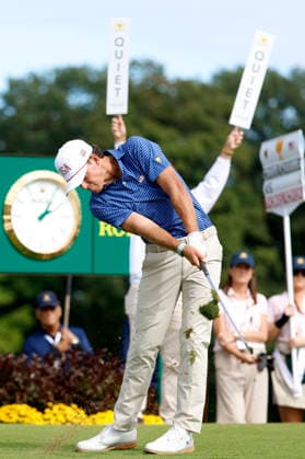 MEDINAH, IL - SEPTEMBER 24: Jackson Koivun of the United States hits from the tee box on No. 7 during the opening four ball session of the Presidents Cup, September 24, 2026, at Medinah Country Club in Medinah, Illinois. (Photo by Matthew Maxey Icon Sportswire) GOLF: SEP 24 Presidents Cup EDITORIAL USE ONLY Icon260924098