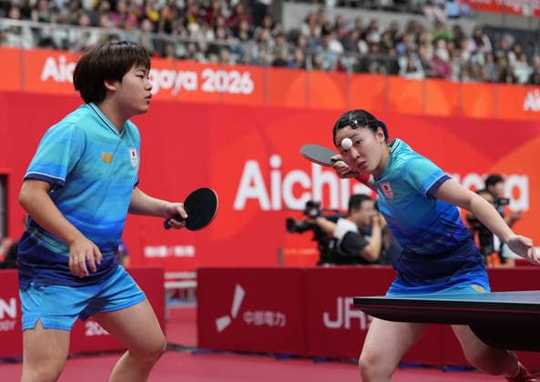 (260925) -- TOYOTA, Sept. 25, 2026 -- Matsushima Sora Harimoto Miwa (R) of Japan compete during the mixed doubles quarterfinals of Table tennis, Tischtennis against Wang Chuqin Sun Yingsha of China at the 20th Asian Games Aichi-Nagoya 2026 in Toyota of Aichi Prefecture, Japan, Sept. 25, 2026. ) (SP)JAPAN-TOYOTA-ASIAN GAMES-TABLE TENNIS-MIXED DOUBLES CheongxKamxKa 