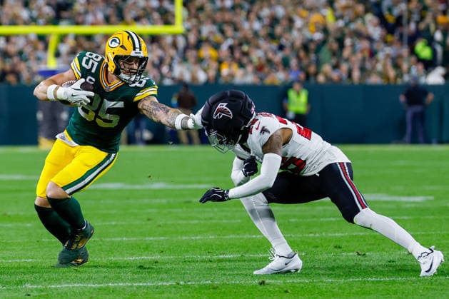 September 24, 2026: Green Bay Packers tight end Tucker Kraft (85) runs after the catch during the NFL, American Football Herren, USA football game between the Atlanta Flacons and the Green Bay Packers at Lambeau Field in Green Bay, Wisconsin. CSM Green Bay United States of America - ZUMAc04_ 20260924_zma_c04_018 Copyright: xDarrenxLeex