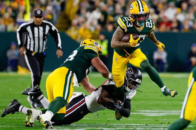 NFL, American Football Herren, USA 2026: Falcons Vs Packers SEP 24 September 24, 2026: Green Bay Packers wide receiver Skyy Moore (23) runs after a catch during the NFL football game between the Atlanta Flacons and the Green Bay Packers at Lambeau Field in Green Bay, Wisconsin. Darren Lee CSM (Credit Image: Â Darren Lee Cal Media) Green Bay Wisconsin United States of America EDITORIAL USE ONLY Copyright: xx ZUMA-20260924_zma_c04_070.jpg DarrenxLeex csmphotothree525627