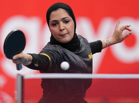 (260925) -- TOYOTA, Sept. 25, 2026 -- Maryam Ali of Qatar competes during the women s singles round 2 match of Table tennis, Tischtennis against Sun Yingsha of China at the 20th Asian Games Aichi-Nagoya 2026 in Toyota of Aichi Prefecture, Japan, Sept. 25, 2026. ) (SP)JAPAN-TOYOTA-ASIAN GAMES-TABLE TENNIS-WOMEN S SINGLES CheongxKamxKa 