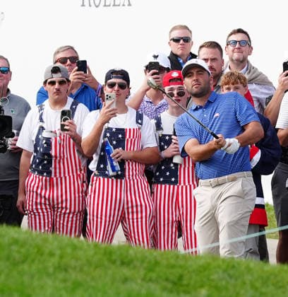 MEDINAH, IL - SEPTEMBER 24: Team USA golfer Scottie Scheffler plays an approach shot on the 15th hole during the first round of the 2026 Presidents Cup on September 24, 2026, at Medinah Country Club in Medinah, Illinois. (Photo by Brian Spurlock Icon Sportswire) GOLF: SEP 24 Presidents Cup EDITORIAL USE ONLY Icon26092489