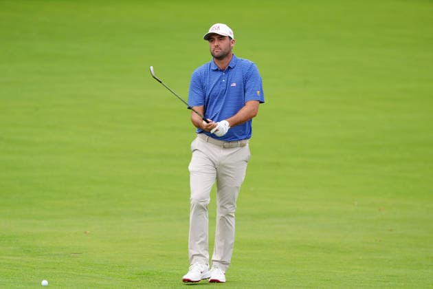 MEDINAH, IL - SEPTEMBER 24: Team USA golfer Scottie Scheffler plays his second shot on the 17th hole during the first round of the 2026 Presidents Cup on September 24, 2026, at Medinah Country Club in Medinah, Illinois. (Photo by Brian Spurlock Icon Sportswire) GOLF: SEP 24 Presidents Cup EDITORIAL USE ONLY Icon26092491