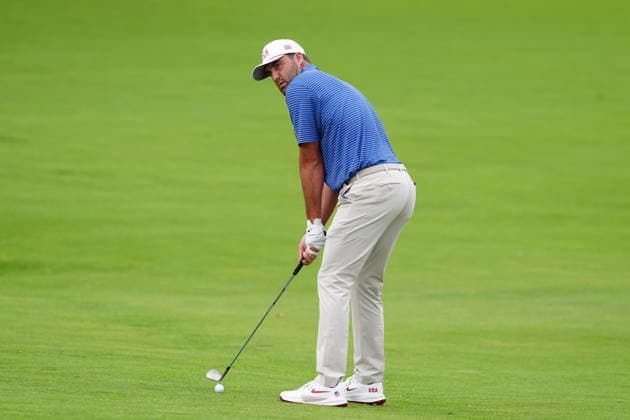 MEDINAH, IL - SEPTEMBER 24: Team USA golfer Scottie Scheffler plays his second shot on the 17th hole during the first round of the 2026 Presidents Cup on September 24, 2026, at Medinah Country Club in Medinah, Illinois. (Photo by Brian Spurlock Icon Sportswire) GOLF: SEP 24 Presidents Cup EDITORIAL USE ONLY Icon26092493