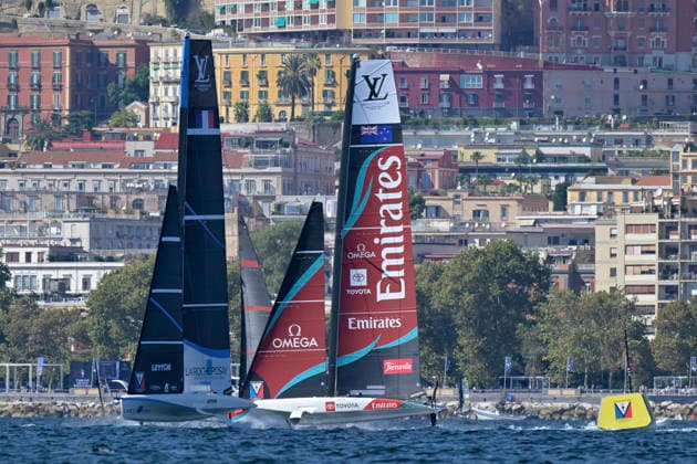 2026 Americas Cup Preliminary Regatta Sailing Day 1 Sep 24th 24th Sep 2026; Race Village, Naples, Italy; Americas Cup Preliminary Regatta Sailing Day 1; La Roche-Posay Racing Team Team, Emirates Team New Zealand Team Naples Campania Italy Copyright: xRobertoxRamacciax