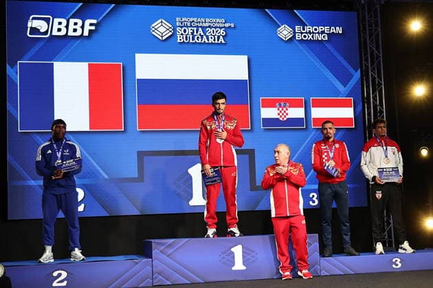 BULGARIA, SOFIA - SEPTEMBER 25, 2026: Russia s Dmitry Karmanov (golden medal), France s Junior Tadah (silver medal), Croatia s Antonio Grabic (2nd R) and Austria s Fares Derouiche (bronze medals) are pictured during a medal ceremony of the 2026 European Boxing Elite Championships at Asics Arena. Igor Lenkin TASS  98291905