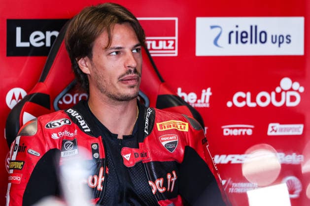 Nicolo Bulega of Aruba.it Racing - Ducati with Ducati Panigale V4R looks on during Free Practice 1 of SBK Round 10 EICMA Italian Round. Cremona Italy Copyright: xBEAUTIFULxSPORTS Carabellix