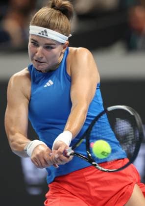 Czech Karolina Muchova pictured in action during the tennis match between Jessica Bouzas Maneiro of Spain and Karolina Muchova of Czech Republic in the Semi Finals of the Billie King Cup tournament, on Friday 25 September 2026 in Shenzhen, China. VIRGINIExLEFOUR  x187780920x