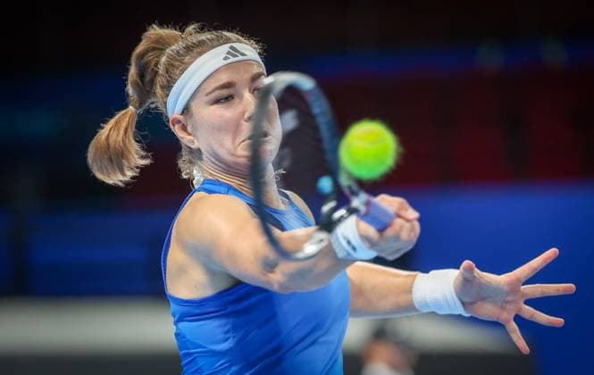 Czech Karolina Muchova pictured in action during the tennis match between Jessica Bouzas Maneiro of Spain and Karolina Muchova of Czech Republic in the Semi Finals of the Billie King Cup tournament, on Friday 25 September 2026 in Shenzhen, China. VIRGINIExLEFOUR  x187781288x