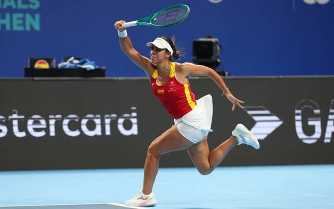 Spain Jessica Bouzas Maneiro pictured in action during the tennis match between Jessica Bouzas Maneiro of Spain and Karolina Muchova of Czech Republic in the Semi Finals of the Billie King Cup tournament, on Friday 25 September 2026 in Shenzhen, China. VIRGINIExLEFOUR  x187780705x