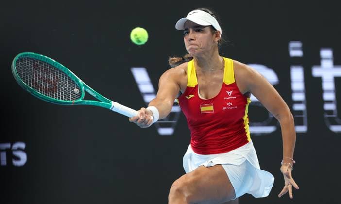 Spain Jessica Bouzas Maneiro pictured in action during the tennis match between Jessica Bouzas Maneiro of Spain and Karolina Muchova of Czech Republic in the Semi Finals of the Billie King Cup tournament, on Friday 25 September 2026 in Shenzhen, China. VIRGINIExLEFOUR  x187780785x