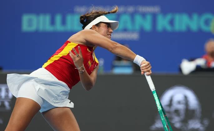 Spain Jessica Bouzas Maneiro pictured in action during the tennis match between Jessica Bouzas Maneiro of Spain and Karolina Muchova of Czech Republic in the Semi Finals of the Billie King Cup tournament, on Friday 25 September 2026 in Shenzhen, China. VIRGINIExLEFOUR  x187781145x