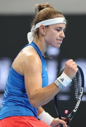 Czech Karolina Muchova celebrates after scoring during the tennis match between Jessica Bouzas Maneiro of Spain and Karolina Muchova of Czech Republic in the Semi Finals of the Billie King Cup tournament, on Friday 25 September 2026 in Shenzhen, China. VIRGINIExLEFOUR  x187780924x