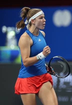 Czech Karolina Muchova celebrates after scoring during the tennis match between Jessica Bouzas Maneiro of Spain and Karolina Muchova of Czech Republic in the Semi Finals of the Billie King Cup tournament, on Friday 25 September 2026 in Shenzhen, China. VIRGINIExLEFOUR  x187781011x