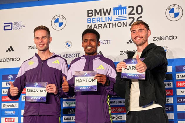 From left: Sebastian Hendel, Haftom Welday, Aaron Bienenfeld, GER, press conference, 2026 BMW Berlin Marathon, top male runners, September 25, 2026, GER, press conference, 2026 BMW Berlin Marathon, top male runners, September 25, 2026, Berlin Copyright: xClaudiusxRauch,xEibner-Pressefotox xClaudiusxRauchx EP_CRH