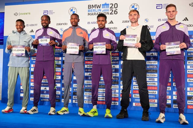 From left: Selemon Barega, Guye Adola, Gabriel Geay, Haftom Welday, Aaron Bienenfeld, Sebastian Hendel, GER, press conference, 2026 BMW Berlin Marathon, top male runners, September 25, 2026 GER, press conference, 2026 BMW Berlin Marathon, top male runners, September 25, 2026 Berlin Copyright: xClaudiusxRauch,xEibner-Pressefotox xClaudiusxRauchx EP_CRH