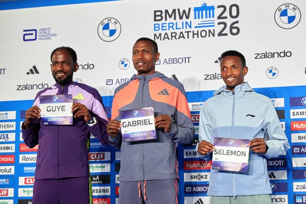 From left: Guye Adola, Gabriel Geay, Selemon Barega, GER, Press Conference, 2026 BMW Berlin Marathon, Top Men s Runners, September 25, 2026, Germany, press conference, 2026 BMW Berlin Marathon, top male runners, September 25, 2026, Berlin Copyright: xClaudiusxRauch,xEibner-Pressefotox xClaudiusxRauchx EP_CRH