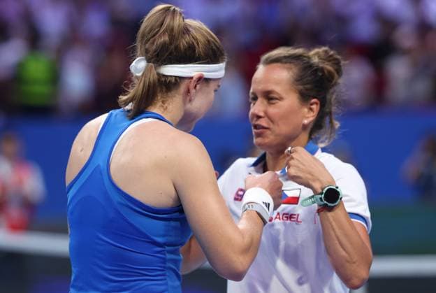 Czech Karolina Muchova and Barbora Strycova celebrate after winning the tennis match between Jessica Bouzas Maneiro of Spain and Karolina Muchova of Czech Republic in the Semi Finals of the Billie King Cup tournament, on Friday 25 September 2026 in Shenzhen, China. VIRGINIExLEFOUR  x187783236x