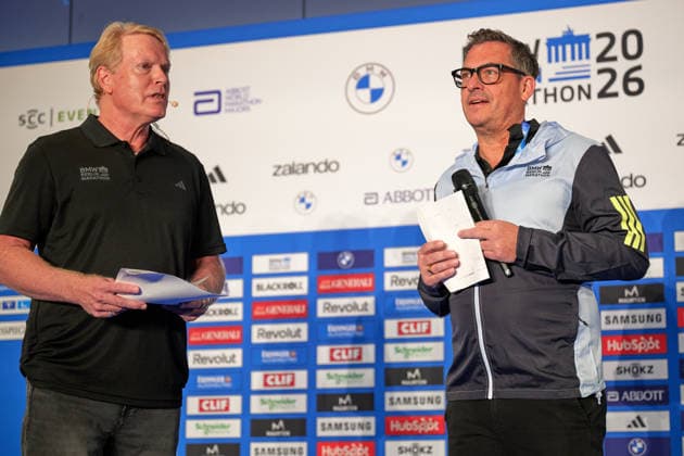 On the right in the photo: Juergen Lock, Managing Director of SCC Events GmbH, being interviewed, GER, press conference, 2026 BMW Berlin Marathon, top male runners, September 25, 2026, GER, press conference, 2026 BMW Berlin Marathon, top male runners, September 25, 2026, Berlin Copyright: xClaudiusxRauch,xEibner-Pressefotox xClaudiusxRauchx EP_CRH