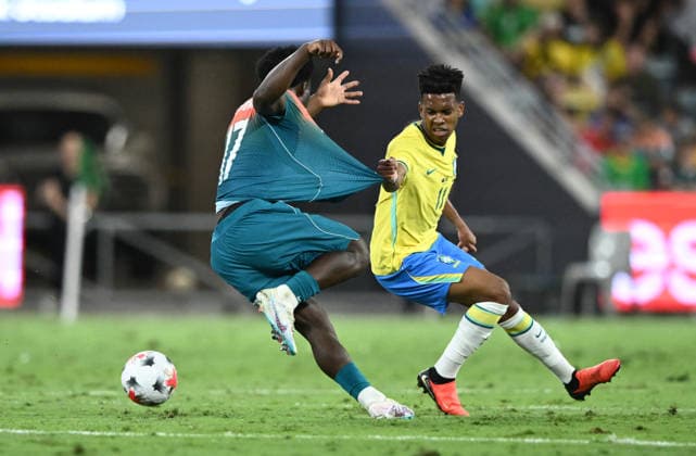 SOCCER AUSTRALIA BRAZIL, Messinho of Brazil defends during the Queensland Football Series International Friendly, Länderspiel, Nationalmannschaft match between the Socceroos and Brazil at Queensland Country Bank Stadium in Townsville, Friday, September 25, 2026. ( NO ARCHIVING, EDITORIAL USE ONLY TOWNSVILLE QUEENSLAND Australia  Copyright: xMATTxTAYLORx 20260925187581004863