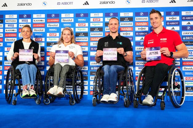 Manuela Schaer, Catherine Debrunner, Marcel Hug, Jetze, Plat, Paralympic athletes, GER, press conference, 2026 BMW Berlin Marathon, top male runners, September 25, 2026, GER, press conference, 2026 BMW Berlin Marathon, top male runners, September 25, 2026, Berlin Copyright: xClaudiusxRauch,xEibner-Pressefotox xClaudiusxRauchx EP_CRH