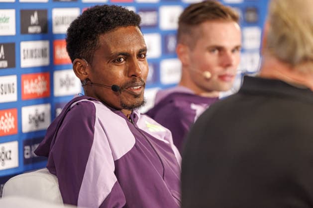 Track and Field Press Conference, 2026 Berlin Marathon on September 25, 2026: Haftom Welday of Germany addresses the audience at the 2026 Berlin Marathon press conference
