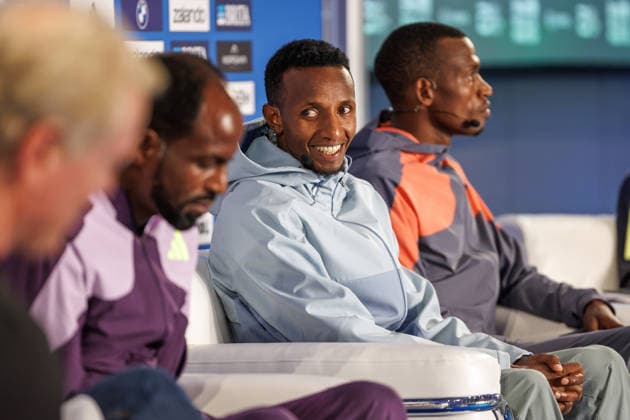 Track and Field Press Conference, Berlin Marathon 2026 on September 25, 2026: Selemon Barega of Ethiopia addresses the audience at the Berlin Marathon 2026 press conference