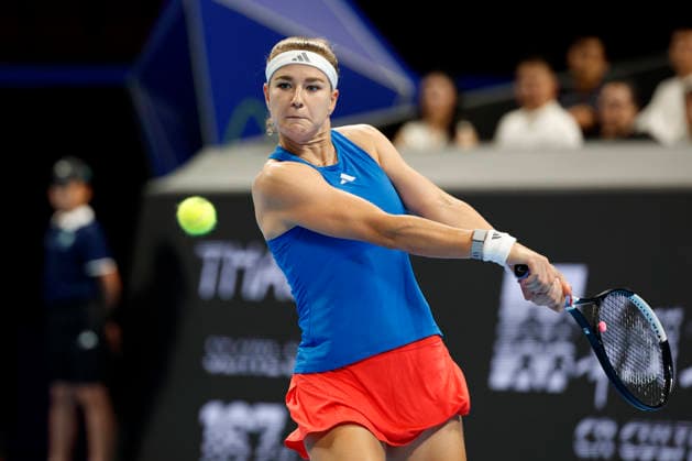 Karolina Muchova, a Czech tennis player, during the Czech Republic vs. Spain match in the semifinals of the 2026 Billie Jean King Cup, September 25, 2026, Shenzhen, China. (CTKxPhoto PavelxLebeda) CTKPhotoF202609250004001  CTKPhotoF202609250004001
