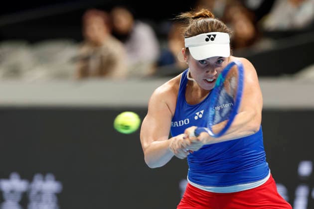 Linda Noskova, a Czech tennis player, during the Czech Republic vs. Spain match in the semifinals of the 2026 Billie Jean King Cup, September 25, 2026, Shenzhen, China. (CTKxPhoto PavelxLebeda) CTKPhotoF202609250012601  CTKPhotoF202609250012601