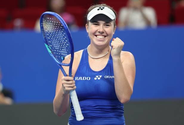 Czech Linda Noskova celebrates after winning the tennis match between Cristina Bucsa of Spain and Linda Noskova of Czech Republic in the Semi Finals of the Billie King Cup tournament, on Friday 25 September 2026 in Shenzhen, China. VIRGINIExLEFOUR  x187789857x