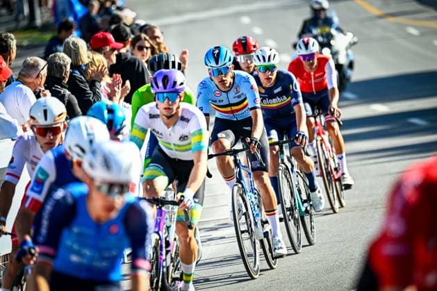 Belgian Viktor Soenens is pictured in action during the Men U23 Road Race race (174,2km) at the cycling World Championship, WM, Weltmeisterschaft in Montreal, Canada, Friday 25 September 2026. The UCI road world championships are taking place from 20 to 27 September, in Montreal, Canada. JASPERxJACOBS  x187792786x