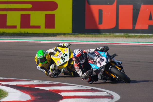 IPA88958876 - Loris Baz from the United Kingdom riding a Ducati Panigale V4R ( 76) for MGM Optical Express Racing and Lorenzo Baldassarri from Italy riding a Ducati Panigale V4R ( 34) for Team Goeleven during the Italian Round of the World Superbike (SBK) race in Cremona, Italy, September 25, 2026  Copyright: xLucaxRossini IPAxSportx xx IPA88958876