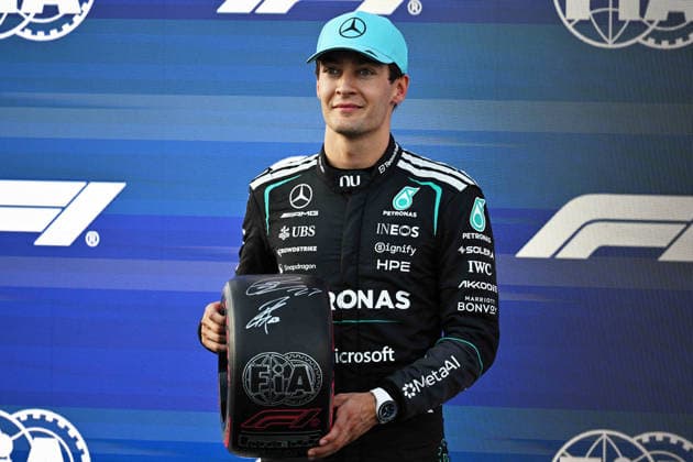 F1 - AZERBAIJAIN GRAND PRIX 2026 RUSSELL George (gbr), Mercedes AMG F1 Team W17, portrait podium during the 2026 Formula 1 Azerbaijan Grand Prix, 15th round of the 2026 Formula One World Championship, WM, Weltmeisterschaft from September 24 to 26, 2026 on the Baku City Circuit, in Baku, Azerbaijan - BakuAzerbaijan  Copyright: xDPPIx