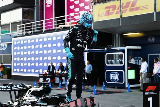 F1 - AZERBAIJAIN GRAND PRIX 2026 RUSSELL George (gbr), Mercedes AMG F1 Team W17, portrait podium during the 2026 Formula 1 Azerbaijan Grand Prix, 15th round of the 2026 Formula One World Championship, WM, Weltmeisterschaft from September 24 to 26, 2026 on the Baku City Circuit, in Baku, Azerbaijan - BakuAzerbaijan  Copyright: xDPPIx