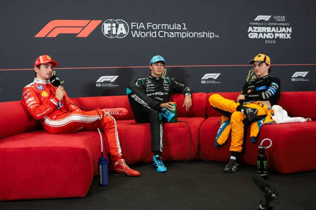 F1 - AZERBAIJAIN GRAND PRIX 2026 LECLERC Charles (mco), Scuderia Ferrari SF-26, portrait, RUSSELL George (gbr), Mercedes AMG F1 Team W17, portrait and PIASTRI Oscar (aus), McLaren F1 Team MCL40, portrait press conference, PK, Pressekonferenz during the 2026 Formula 1 Azerbaijan Grand Prix, 15th round of the 2026 Formula One World Championship, WM, Weltmeisterschaft from September 24 to 26, 2026 on the Baku City Circuit, in Baku, Azerbaijan - BakuAzerbaijan  Copyright: xEricxAlonsox